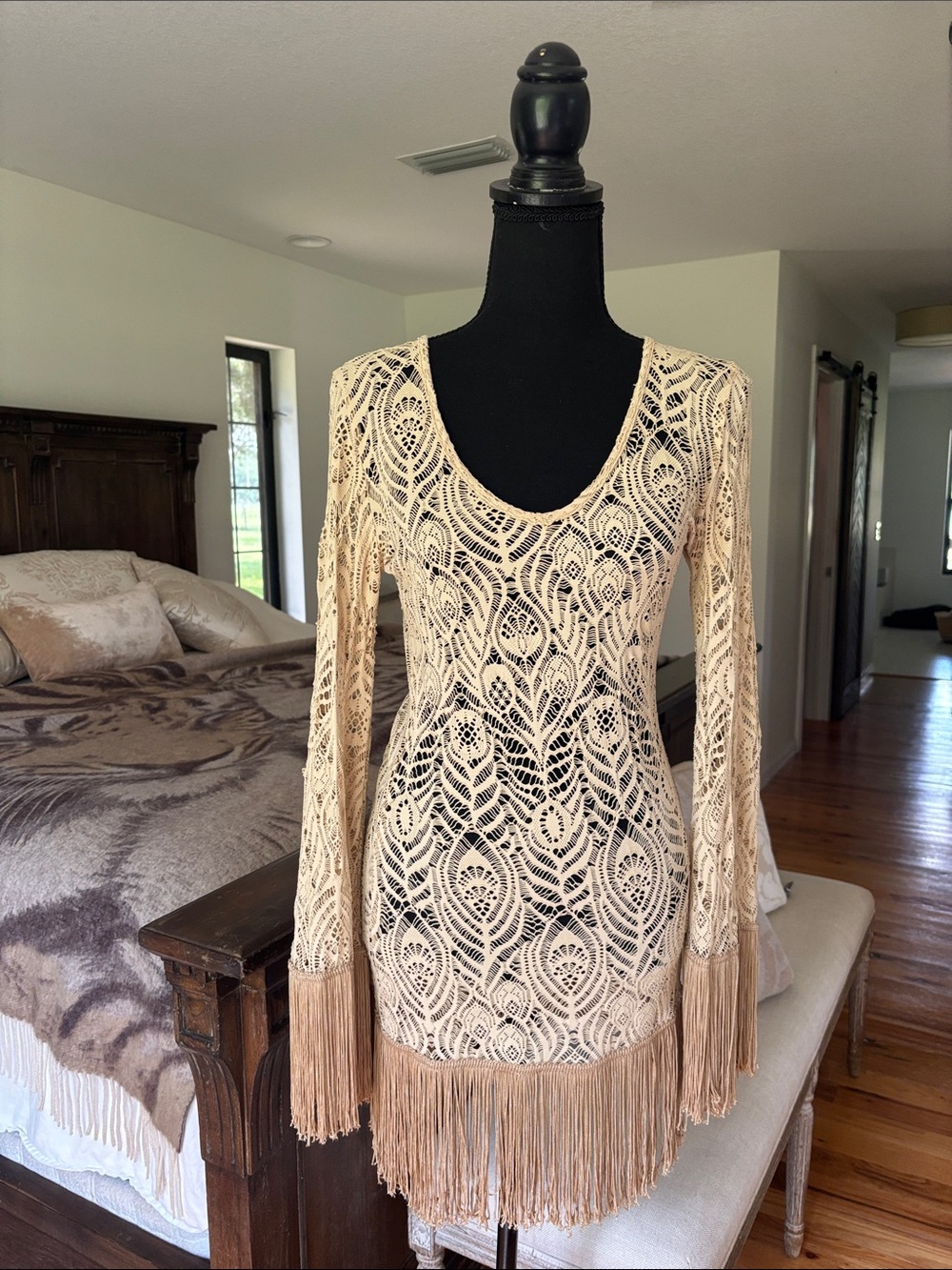 Fringed Crochet Long-Sleeve Dress in Beige